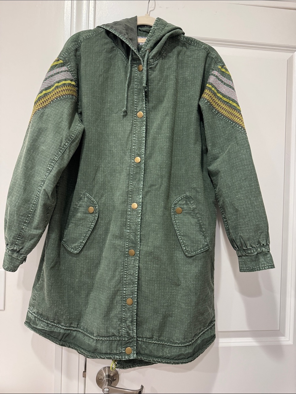 Anthropologie Olive Green Hooded Utility Jacket with Embroidered Sleeves
